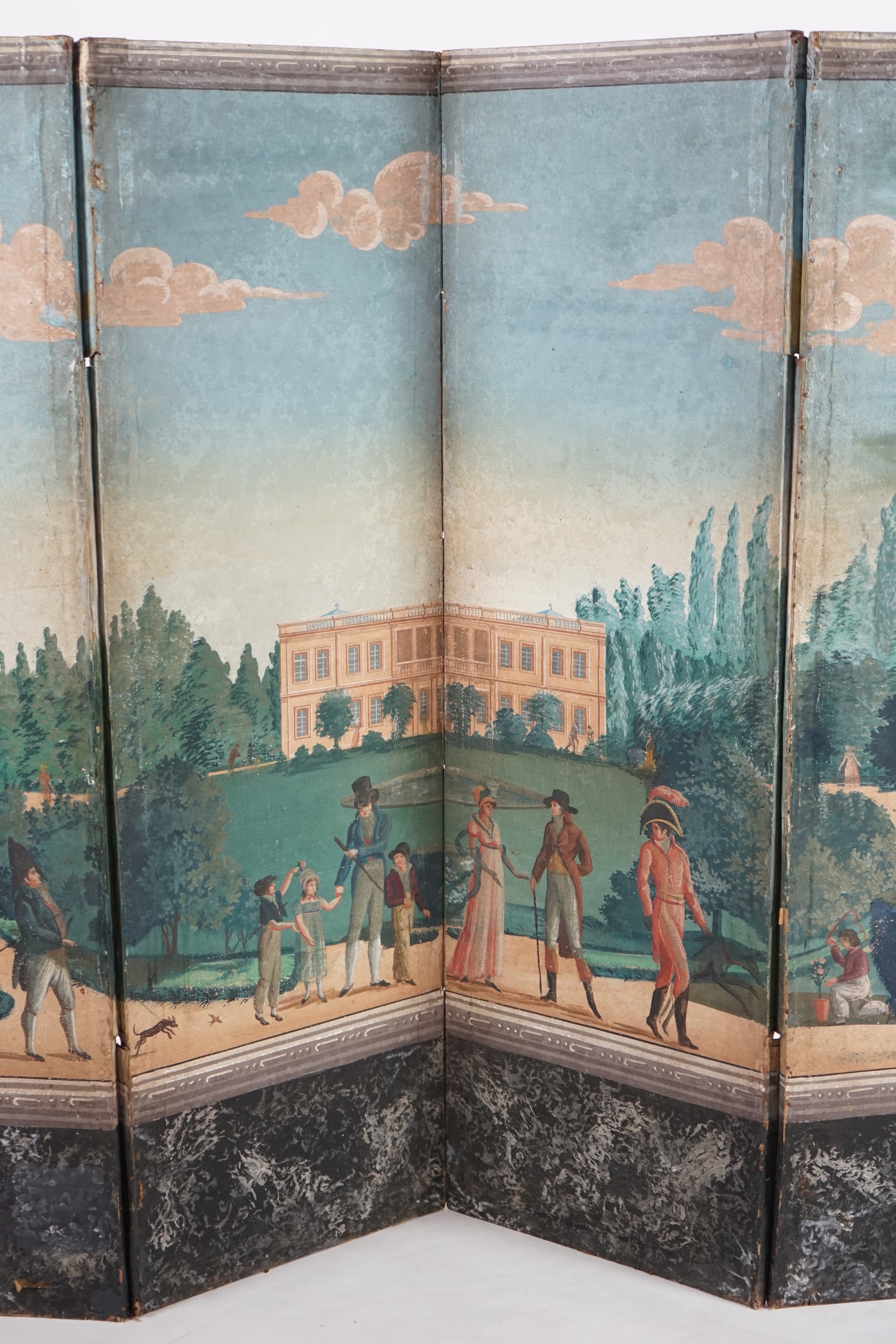 A French Empire four-leaf painted screen, gouache on paper, attributed to Dufour & Leroy, decorated with figures in the grounds of a chateau, the reverse with musical trophies, 47cm wide, 150cm high. Condition - a variet